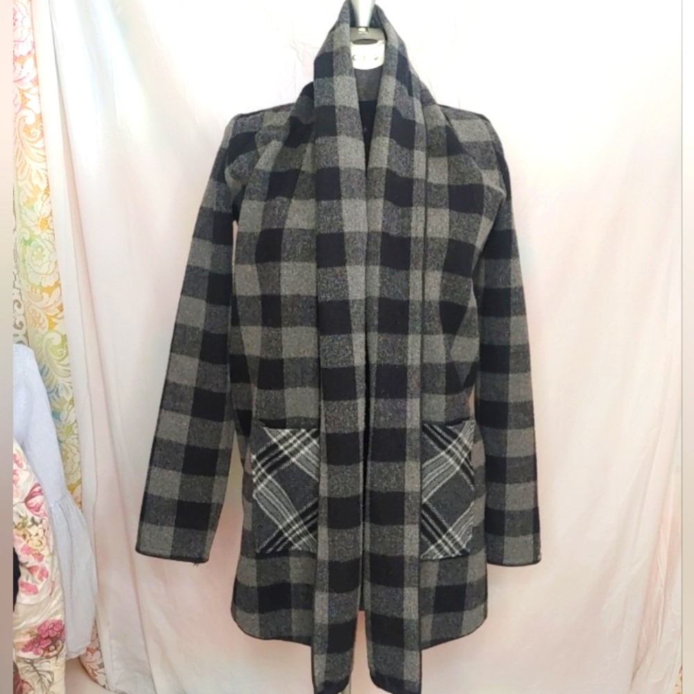 Dex S Small Womens Wool Ployester Blend Cardigan Sweater Grey Black Plaid Pocket